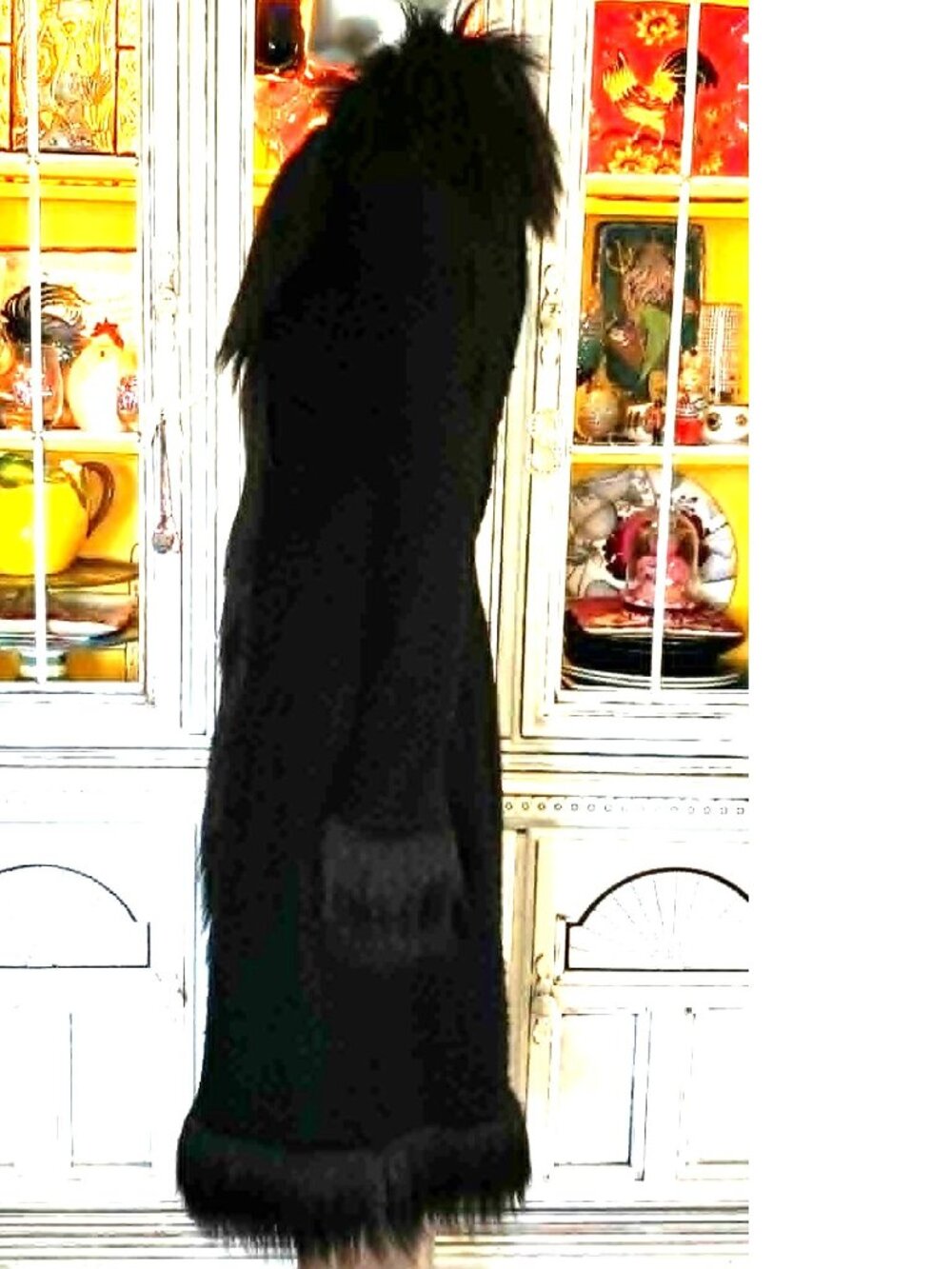 Vintage Betsey Johnson New York 90s Black Faux Fur Long Midi Duster Coat Jacket - Picture 12 of 16